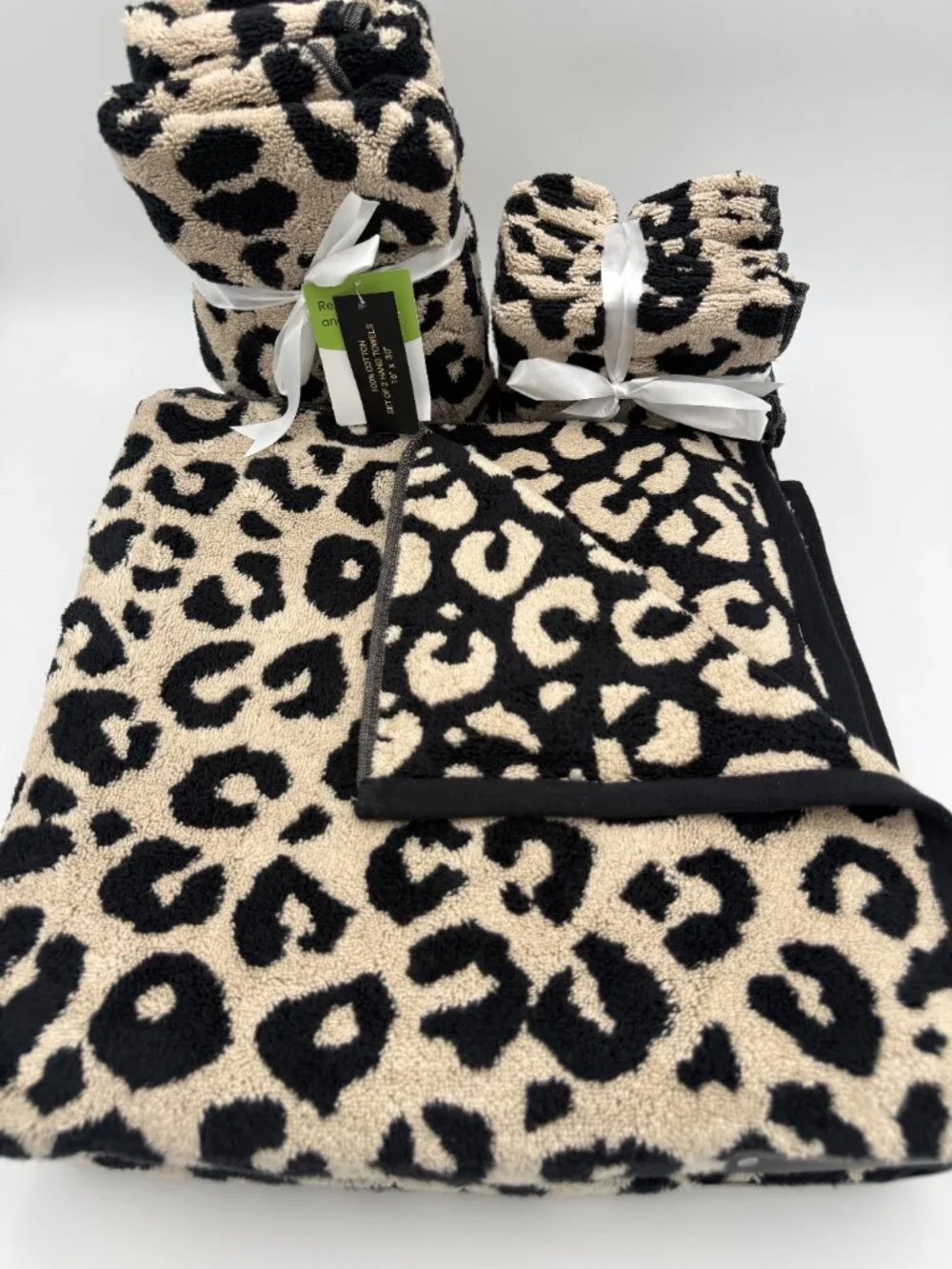 Rachel Zoe Leopard Print 8 Pc Bath Towel Set 100% Cotton Beige Black NWT